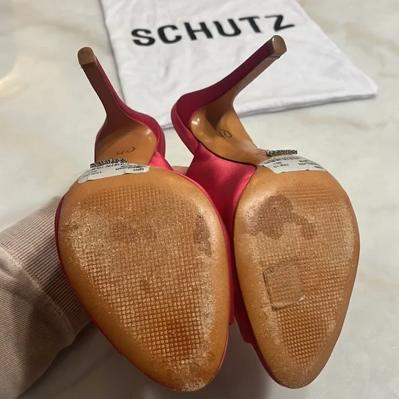 Schutz Desiree Pink Satin Open Toe Mule Heels - Picture 7 of 8